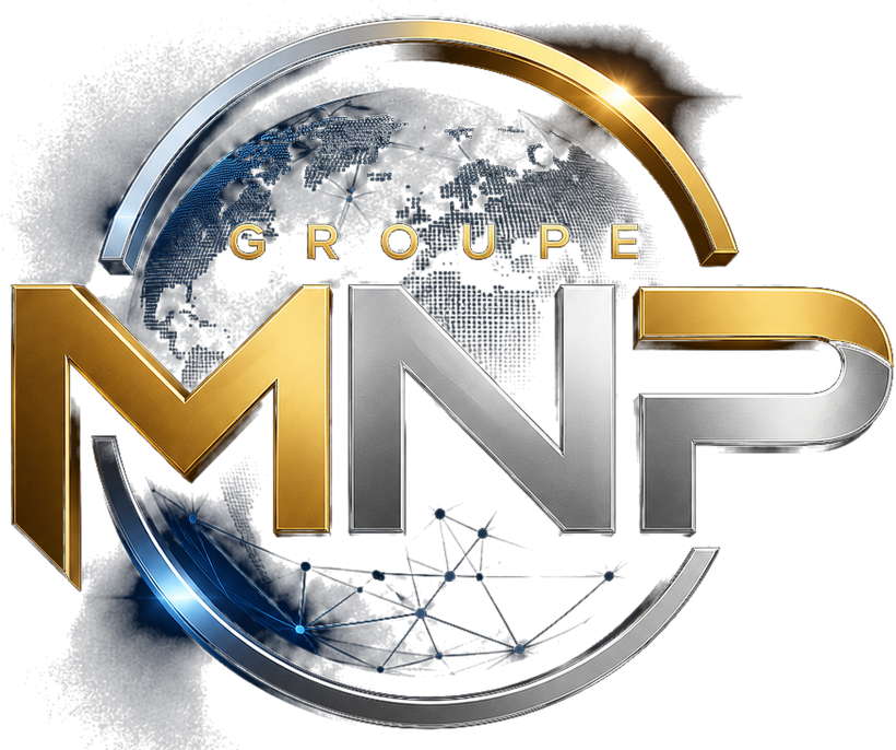 Emblème GROUPE MNP : monogramme MNP or et chrome sur un globe technologique